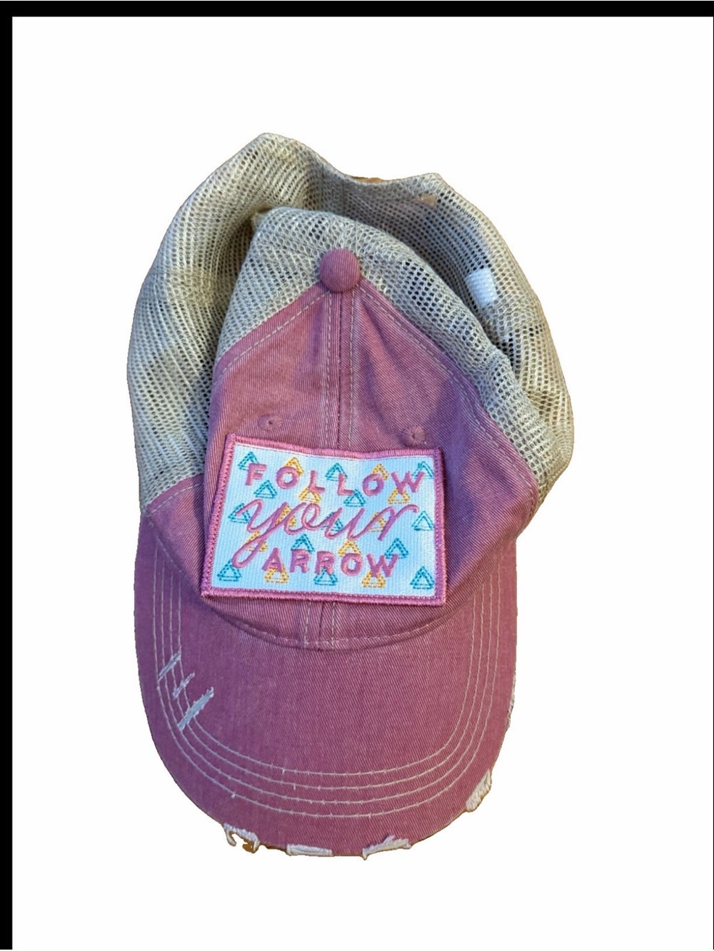 Katydid Pink Mesh-Back Cap with 'Follow Your Arrow' Patch. Inspirational